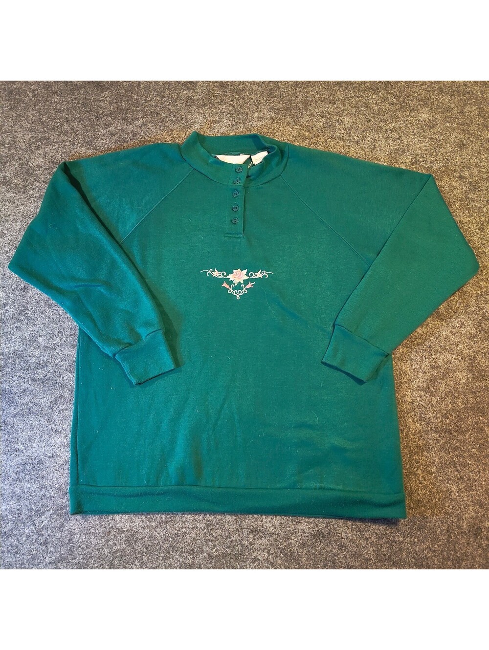 Blair Vintage Green Floral Embroidered Button-Neck Sweatshirt Women's Medium